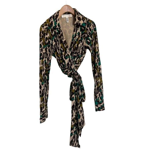 DIANE VON FURSTENBERG Top SZ 6 Vintage Silk Jersey Leopard Animal Print 70s Wrap - Picture 5 of 14